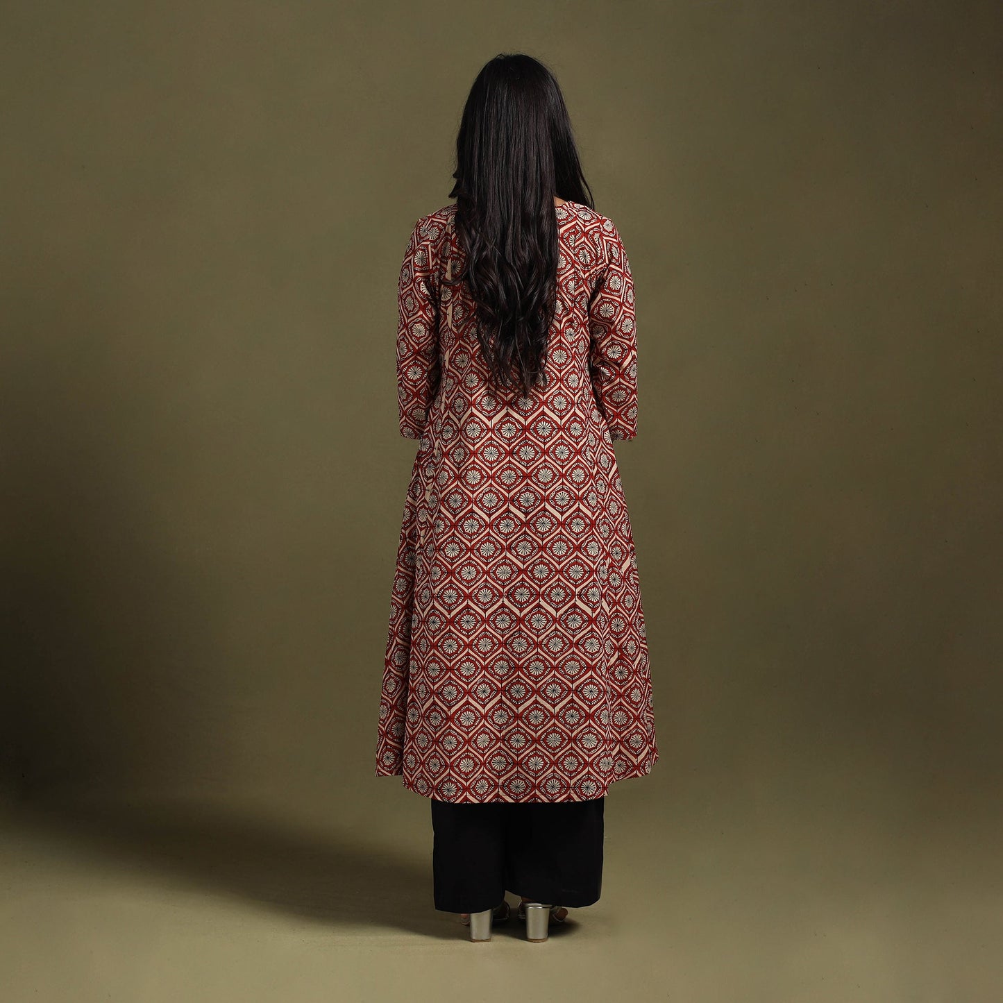 Red Block Print Natural Dyed Cotton A-Line Bagru Kurta