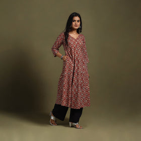 Red Block Print Natural Dyed Cotton A-Line Bagru Kurta