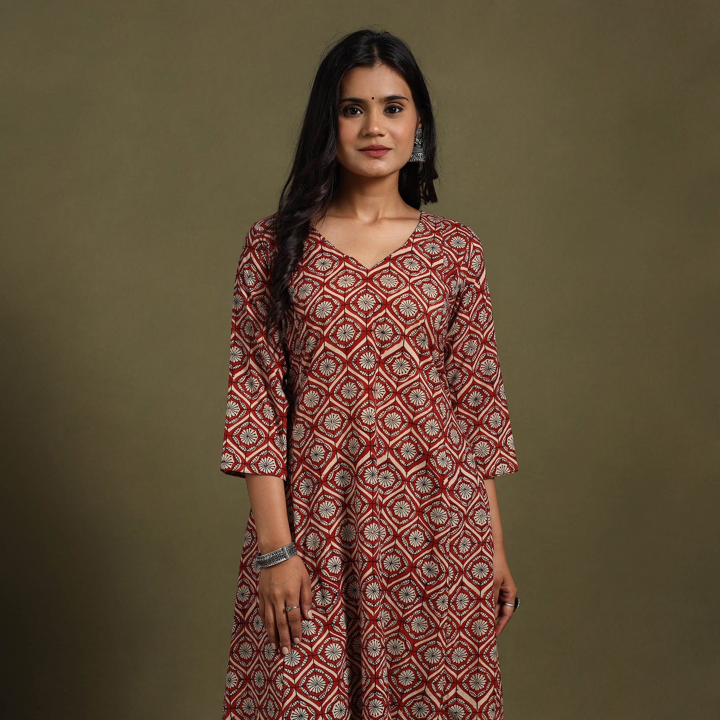 Red Block Print Natural Dyed Cotton A-Line Bagru Kurta