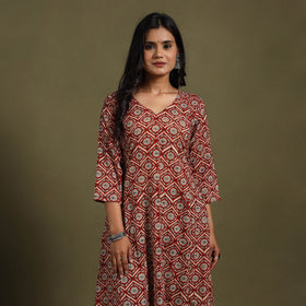 Red Block Print Natural Dyed Cotton A-Line Bagru Kurta