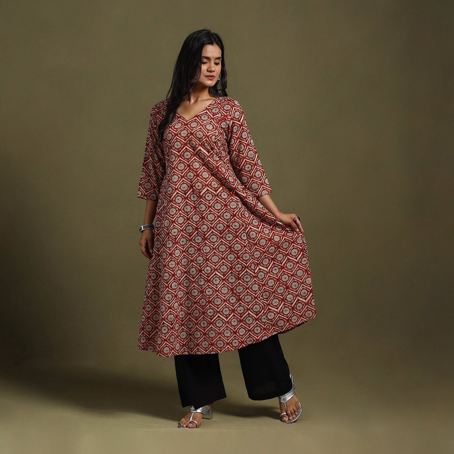 Red Block Print Natural Dyed Cotton A-Line Bagru Kurta