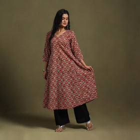 Red Block Print Natural Dyed Cotton A-Line Bagru Kurta