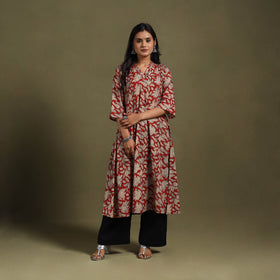 Red Block Print Natural Dyed Cotton A-Line Bagru Kurta