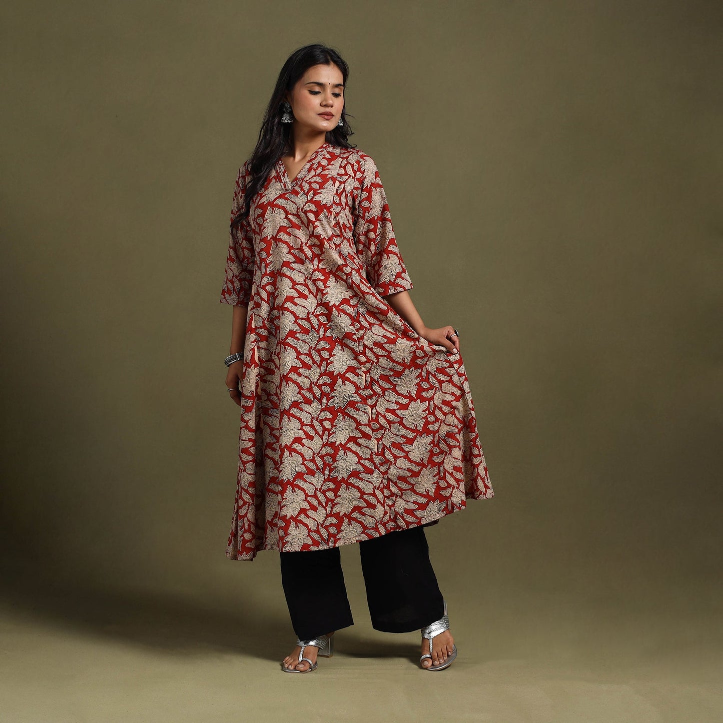 Red Block Print Natural Dyed Cotton A-Line Bagru Kurta