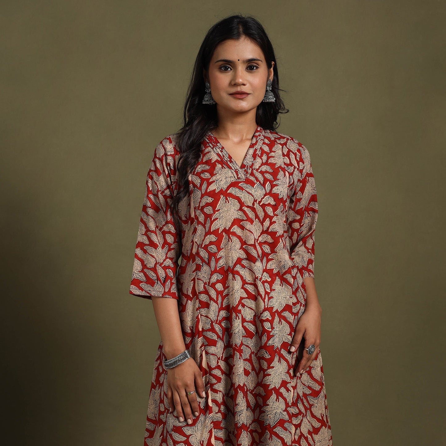 Red Block Print Natural Dyed Cotton A-Line Bagru Kurta