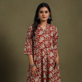 Red Block Print Natural Dyed Cotton A-Line Bagru Kurta