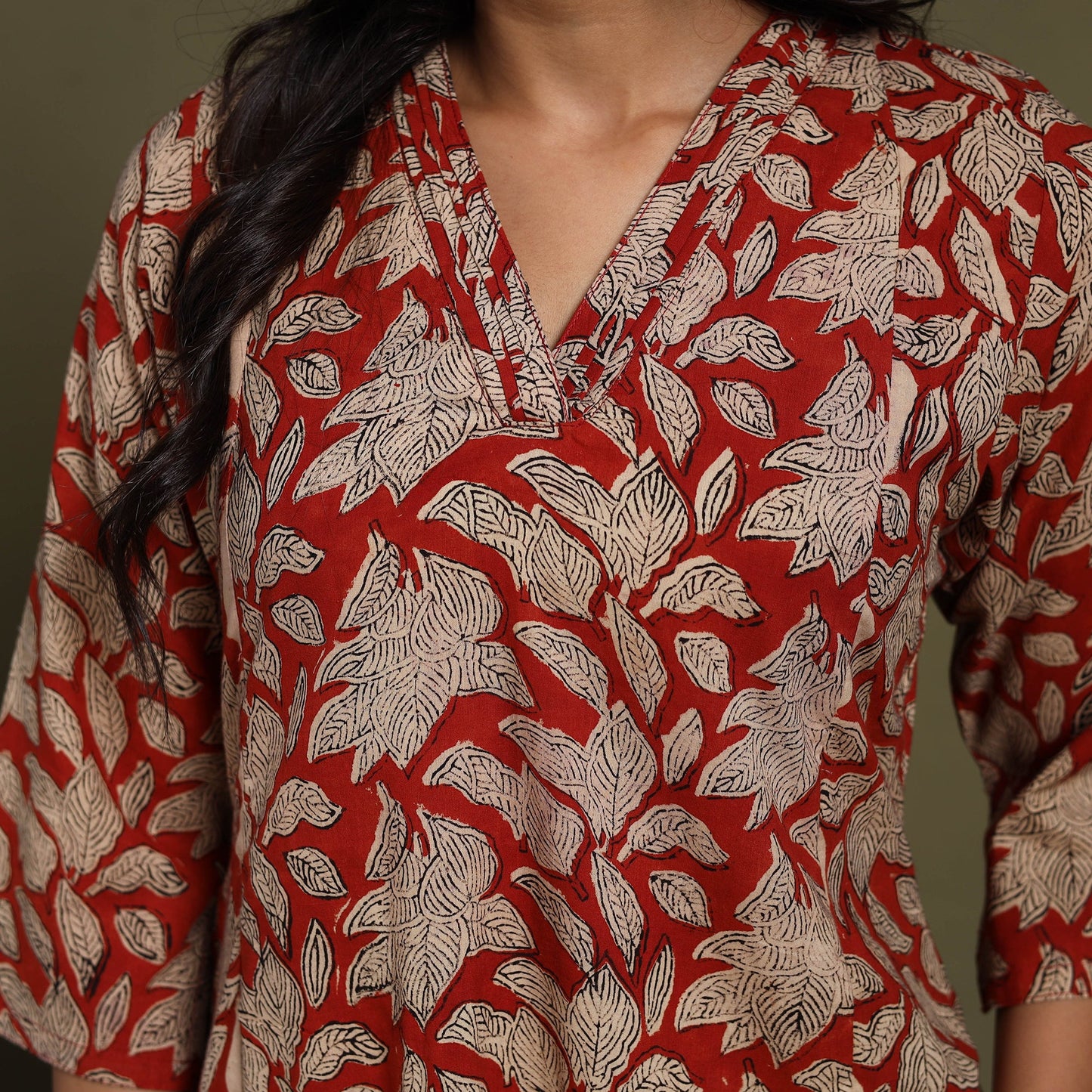 Red Block Print Natural Dyed Cotton A-Line Bagru Kurta