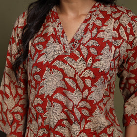 Red Block Print Natural Dyed Cotton A-Line Bagru Kurta