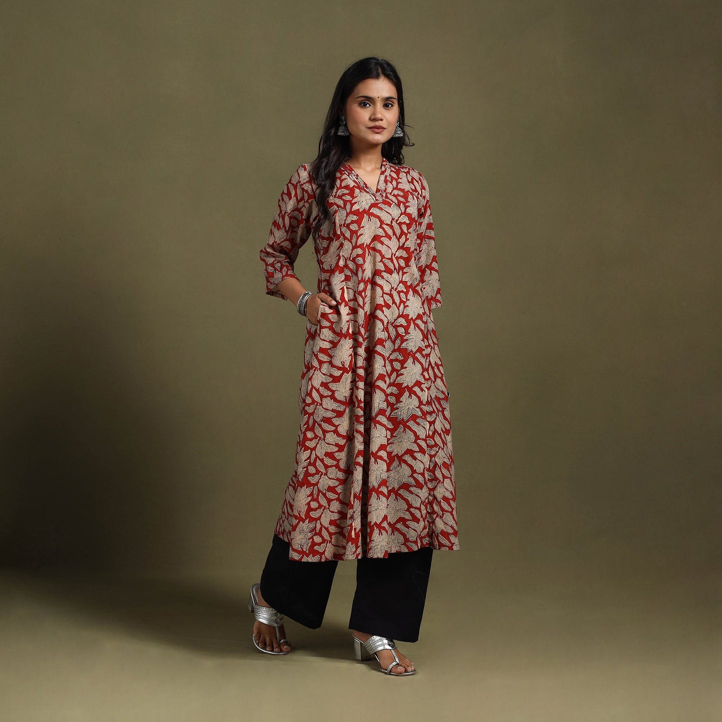 Red Block Print Natural Dyed Cotton A-Line Bagru Kurta