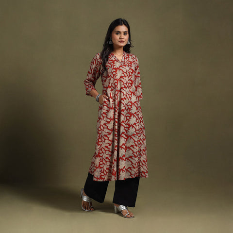 Red Block Print Natural Dyed Cotton A-Line Bagru Kurta
