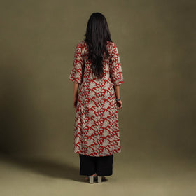 Red Block Print Natural Dyed Cotton A-Line Bagru Kurta