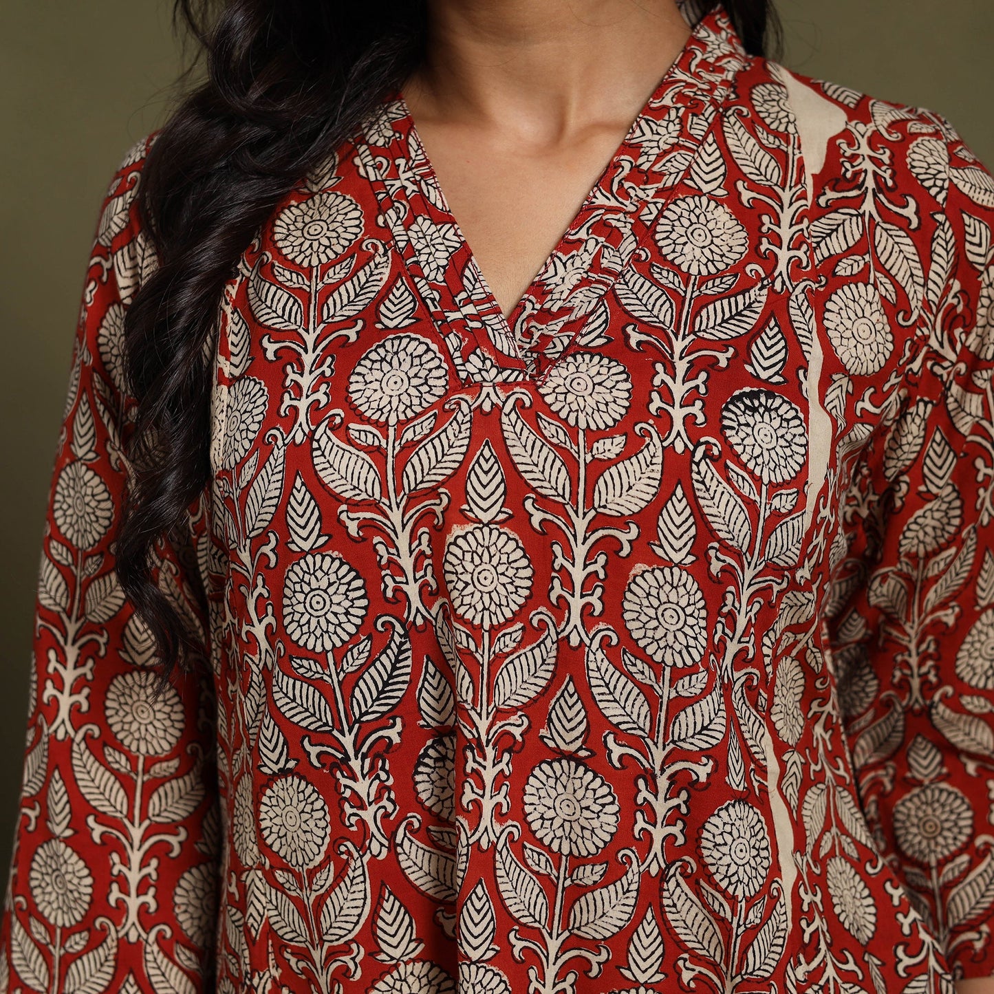 Red Block Print Natural Dyed Cotton A-Line Bagru Kurta