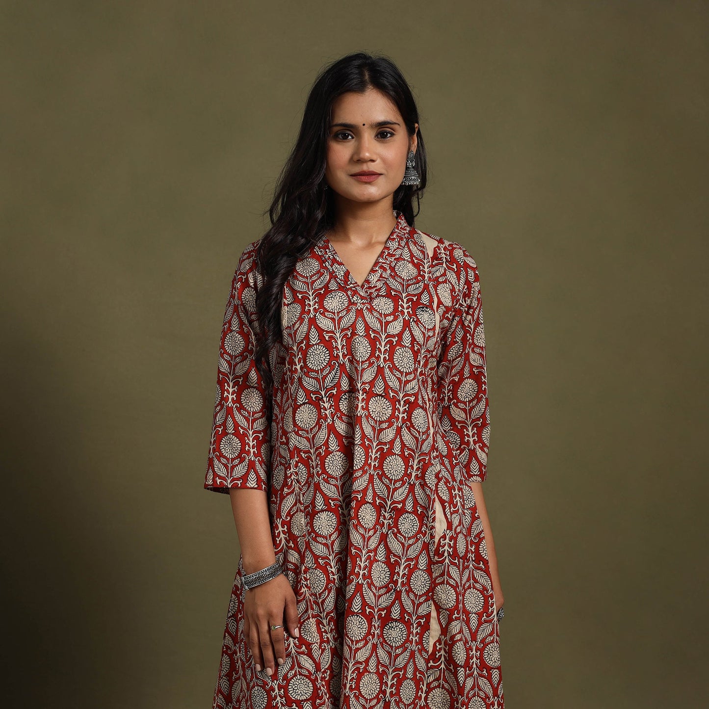 Red Block Print Natural Dyed Cotton A-Line Bagru Kurta