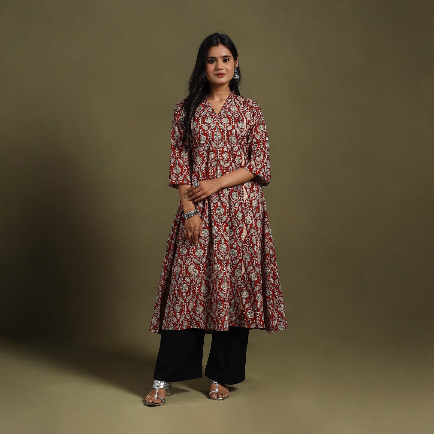 Red Block Print Natural Dyed Cotton A-Line Bagru Kurta