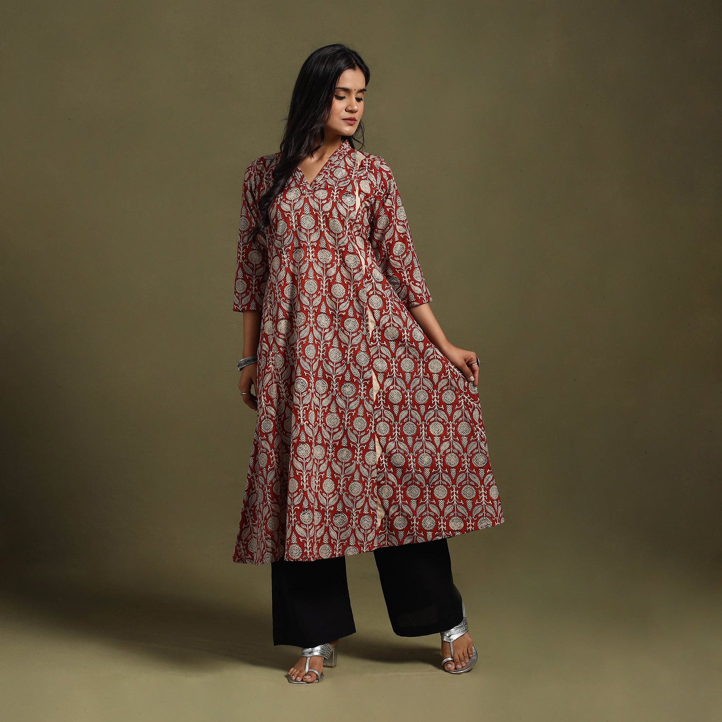 Red Block Print Natural Dyed Cotton A-Line Bagru Kurta