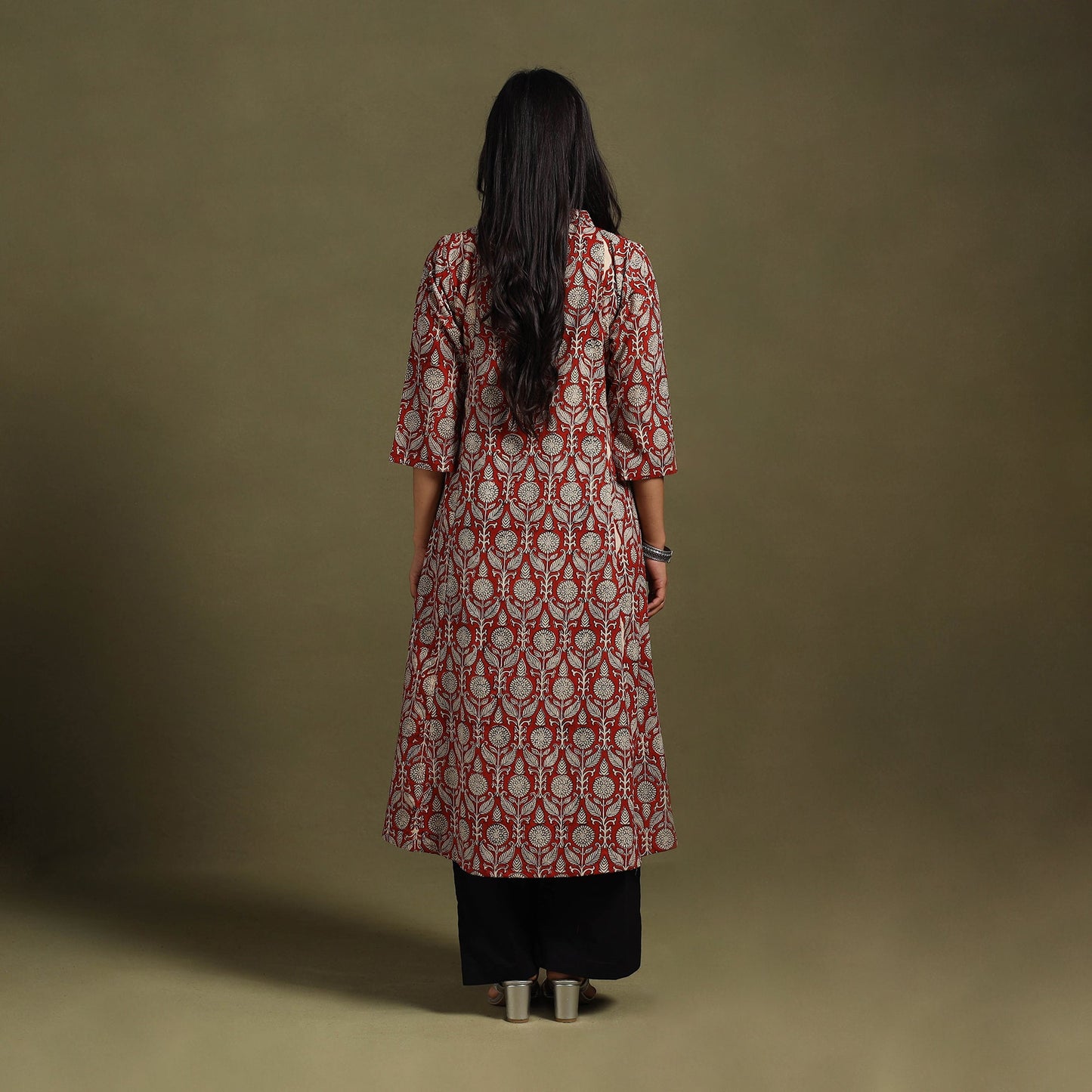 Red Block Print Natural Dyed Cotton A-Line Bagru Kurta