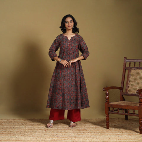 Red - natural dyed cotton a-line hand kurta 03 - handcrafted