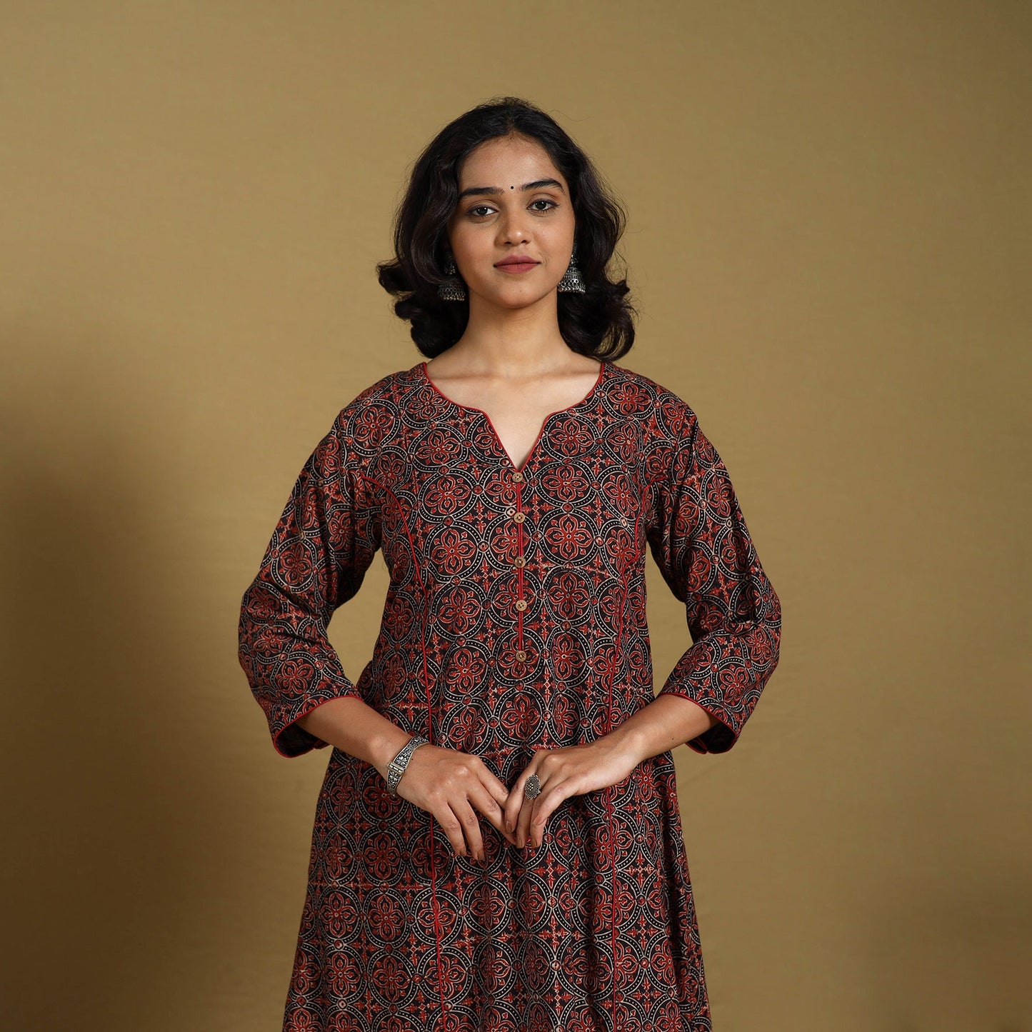 Red - natural dyed cotton a-line hand kurta 03 - handcrafted