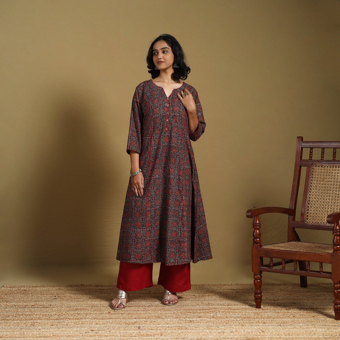 Red - natural dyed cotton a-line hand kurta 03 - handcrafted