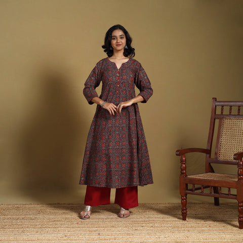 Red - natural dyed cotton a-line hand kurta 03 - handcrafted