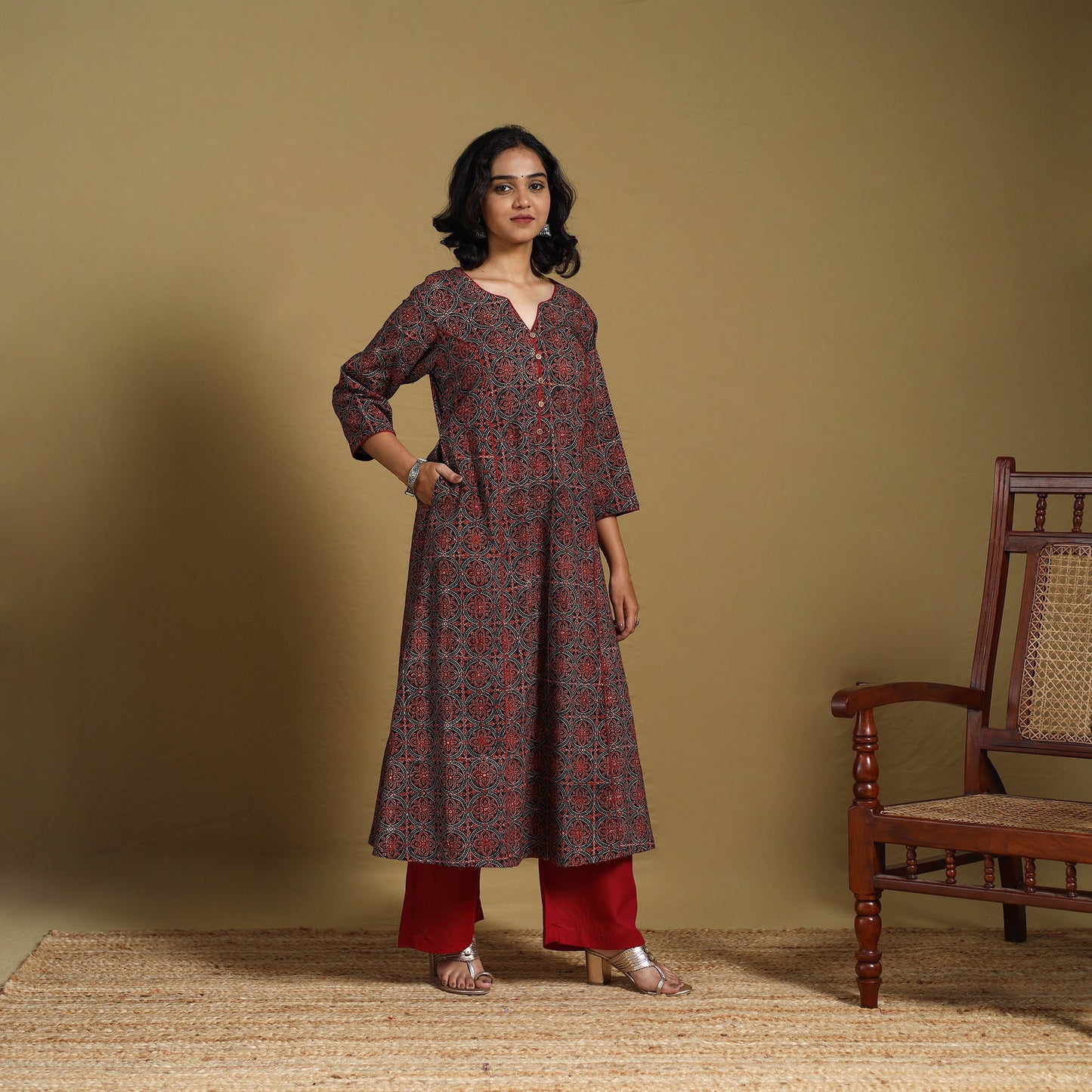 Red - natural dyed cotton a-line hand kurta 03 - handcrafted