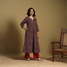Red - natural dyed cotton a-line hand kurta 03 - handcrafted
