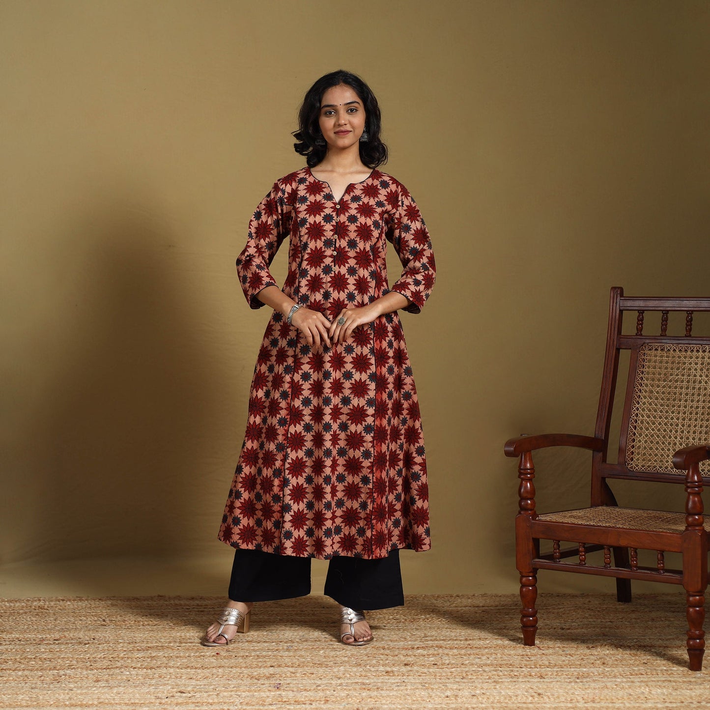 Red - natural dyed cotton a-line hand kurta 05 - handcrafted