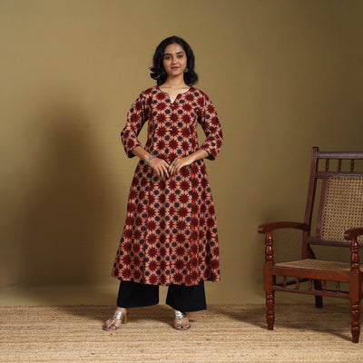 Red - natural dyed cotton a-line hand kurta 05 - handcrafted