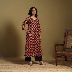 Red - natural dyed cotton a-line hand kurta 05 - handcrafted