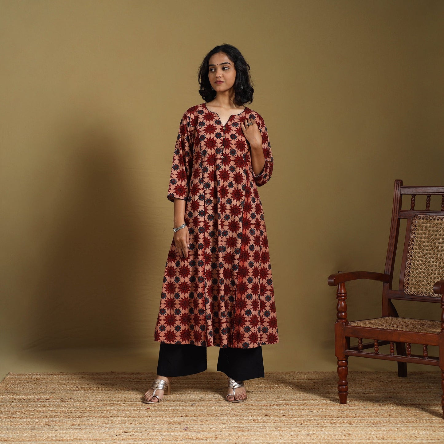 Red - natural dyed cotton a-line hand kurta 05 - handcrafted