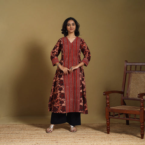 Red - natural dyed cotton a-line hand kurta 17 - handcrafted