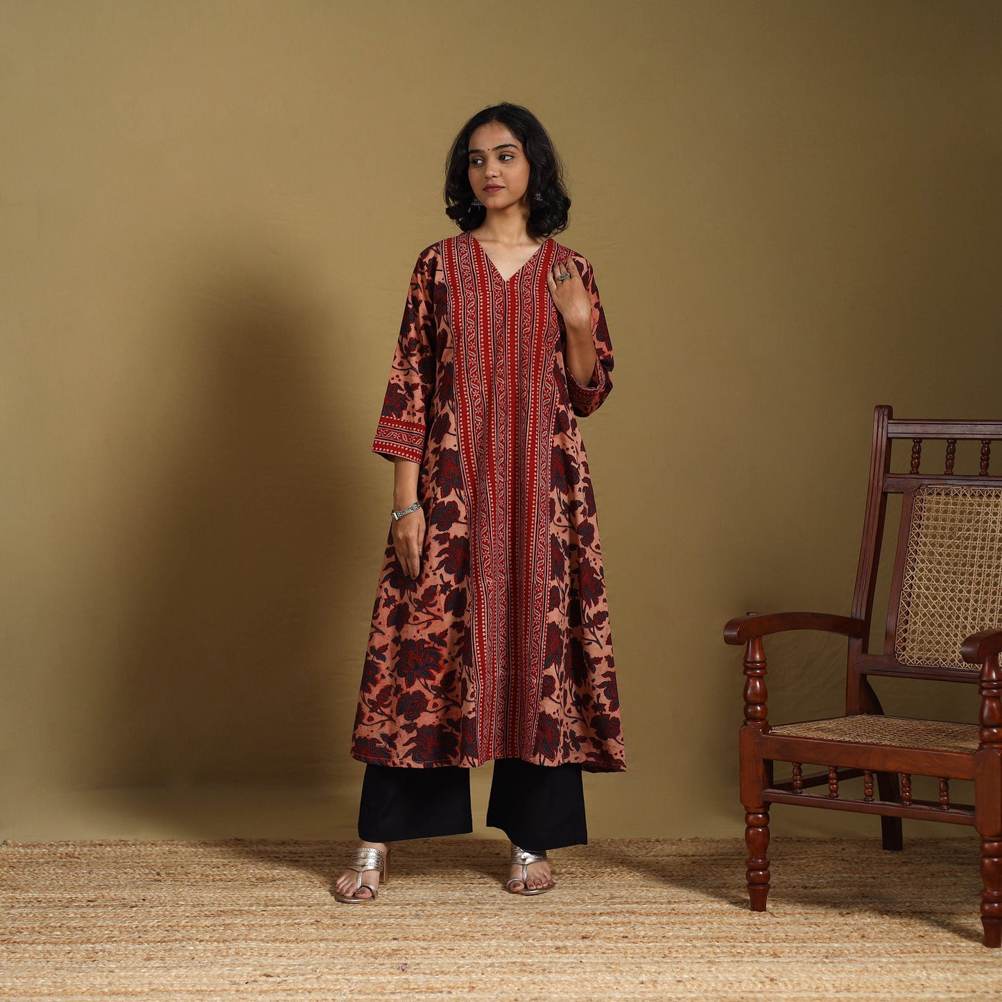 Red - natural dyed cotton a-line hand kurta 17 - handcrafted