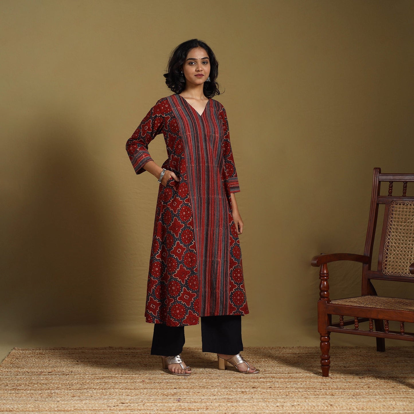 Red - natural dyed cotton a-line hand kurta 19 - handcrafted