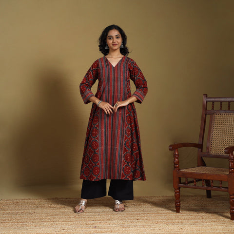 Red - natural dyed cotton a-line hand kurta 19 - handcrafted