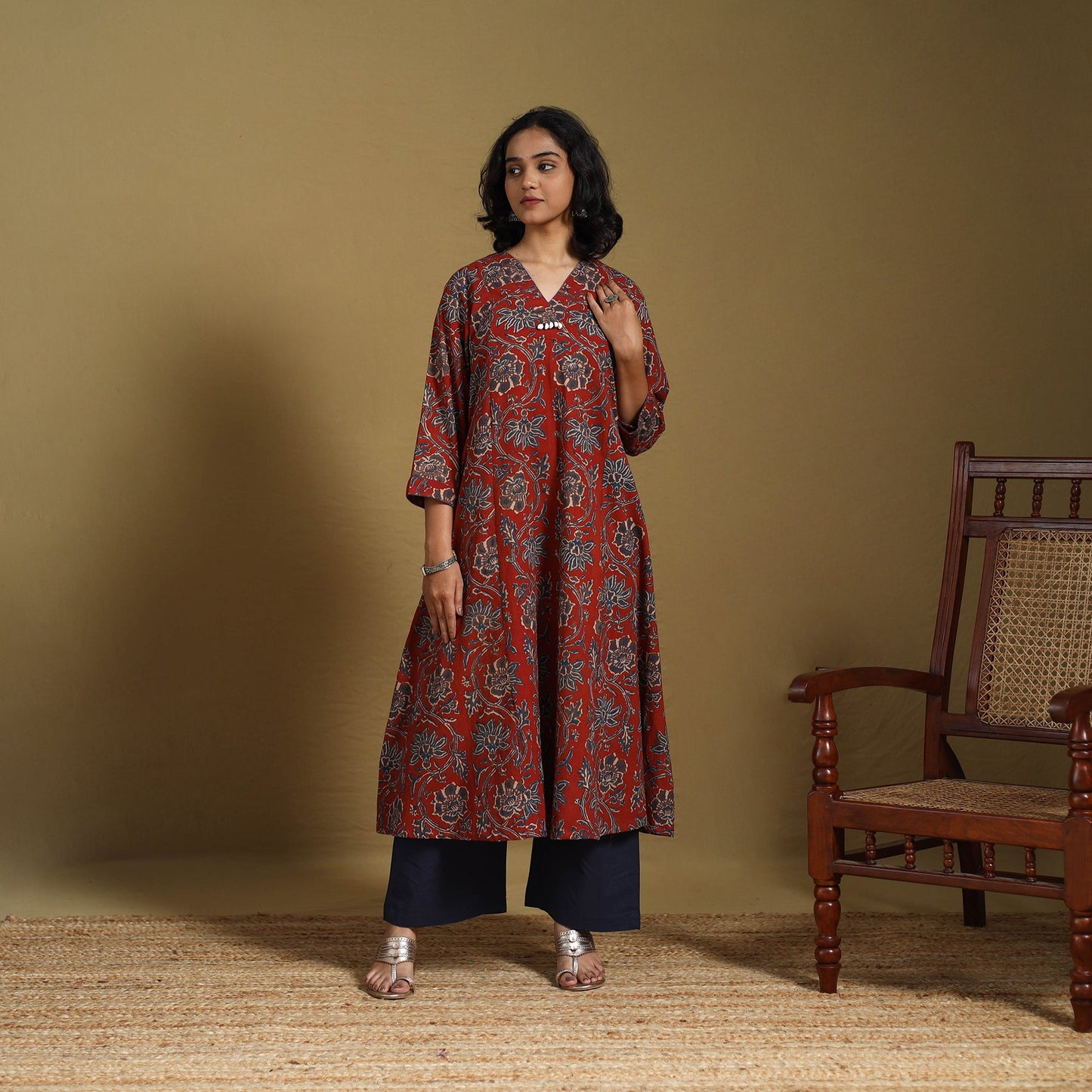 Red - natural dyed cotton a-line hand kurta with embroidery