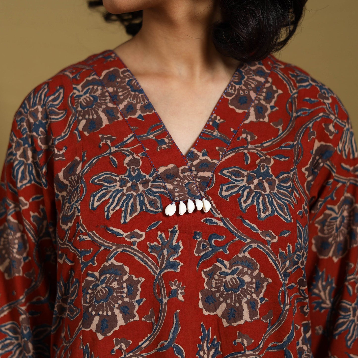 Red - natural dyed cotton a-line hand kurta with embroidery