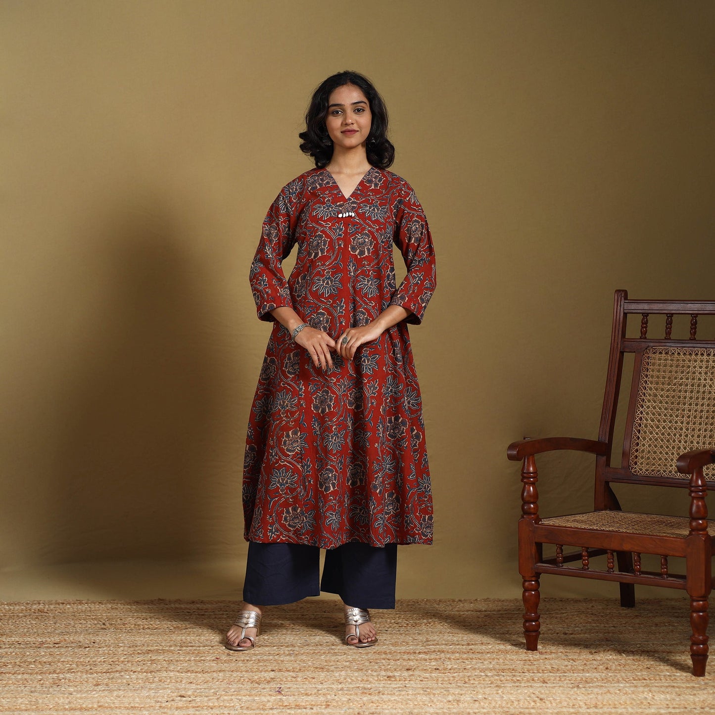 Red - natural dyed cotton a-line hand kurta with embroidery