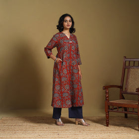 Red - natural dyed cotton a-line hand kurta with embroidery