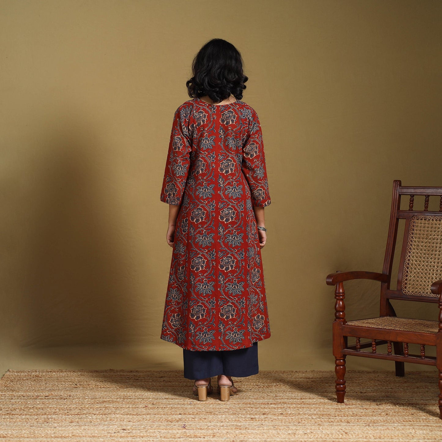 Red - natural dyed cotton a-line hand kurta with embroidery
