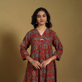 Red - natural dyed cotton a-line hand kurta with embroidery
