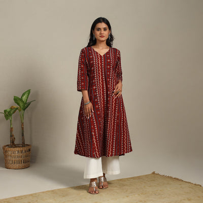 Red Block Print Natural Dyed Cotton A-Line Ajrakh Kurta