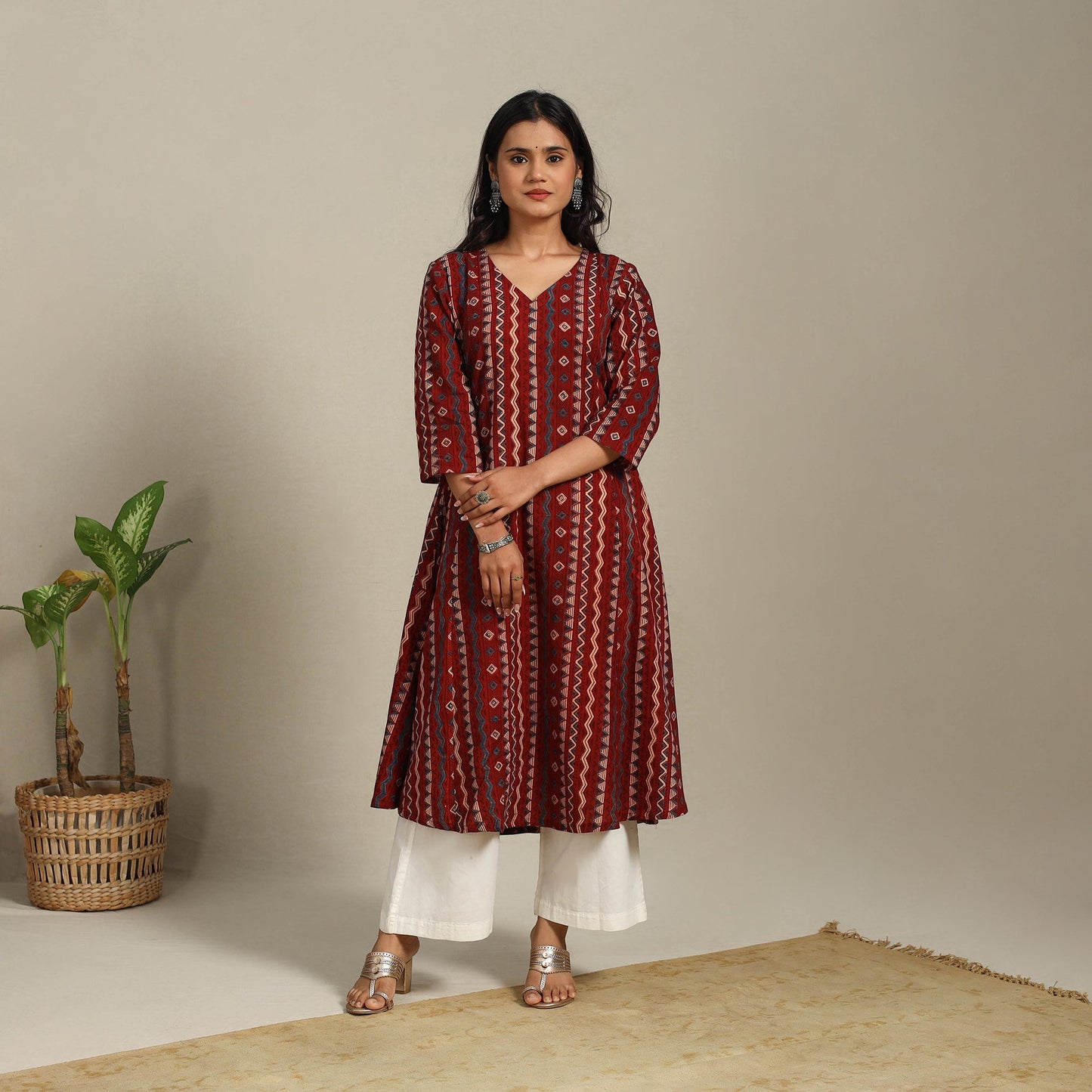 Red Block Print Natural Dyed Cotton A-Line Ajrakh Kurta