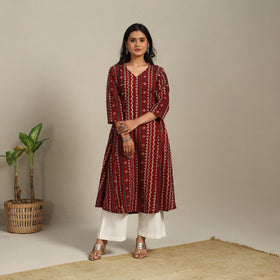 Red Block Print Natural Dyed Cotton A-Line Ajrakh Kurta