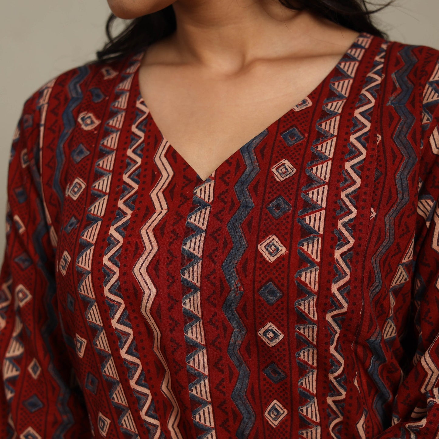 Red Block Print Natural Dyed Cotton A-Line Ajrakh Kurta