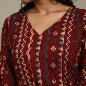 Red Block Print Natural Dyed Cotton A-Line Ajrakh Kurta