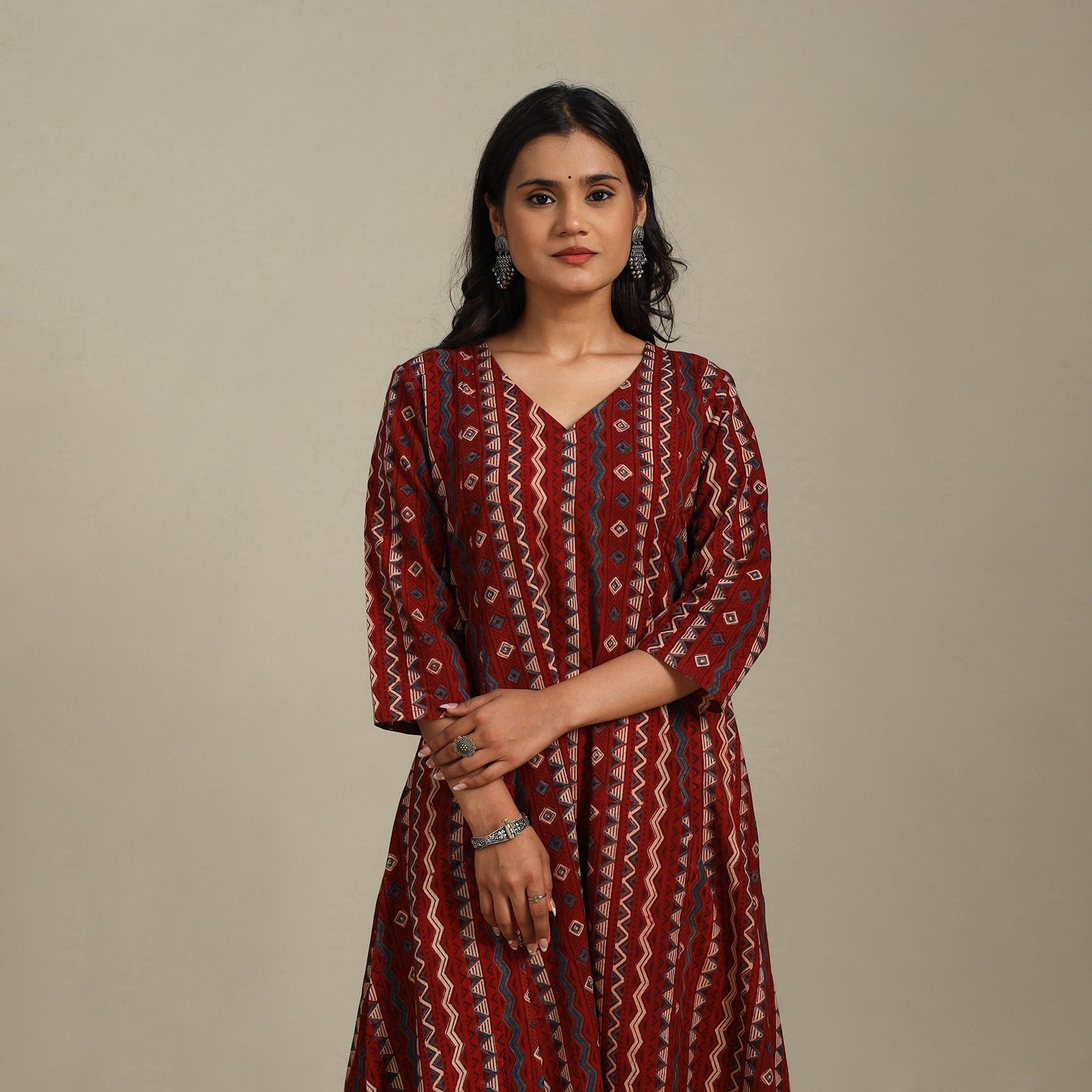 Red Block Print Natural Dyed Cotton A-Line Ajrakh Kurta