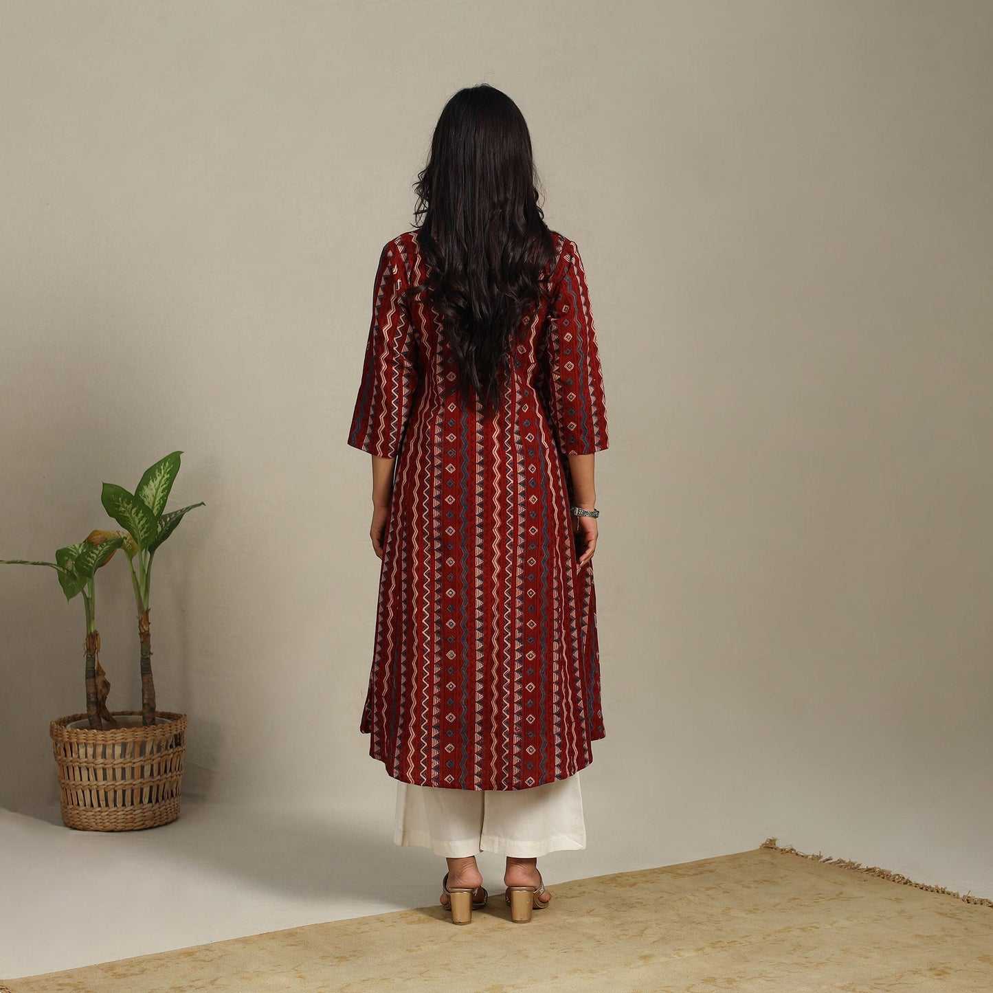 Red Block Print Natural Dyed Cotton A-Line Ajrakh Kurta