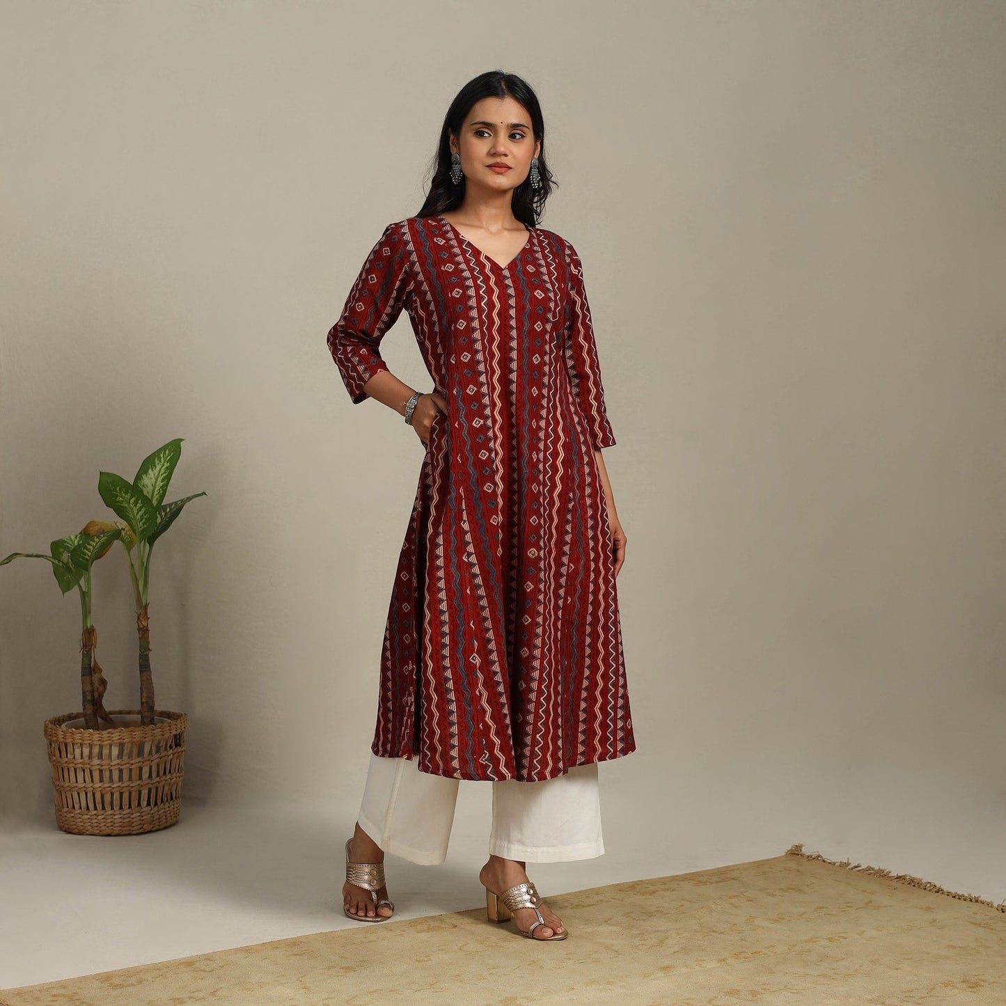 Red Block Print Natural Dyed Cotton A-Line Ajrakh Kurta