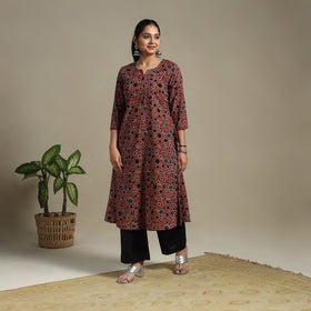 Red Block Print Natural Dyed Cotton A-Line Ajrakh Kurta