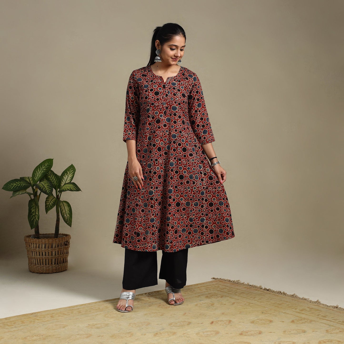 Red Block Print Natural Dyed Cotton A-Line Ajrakh Kurta